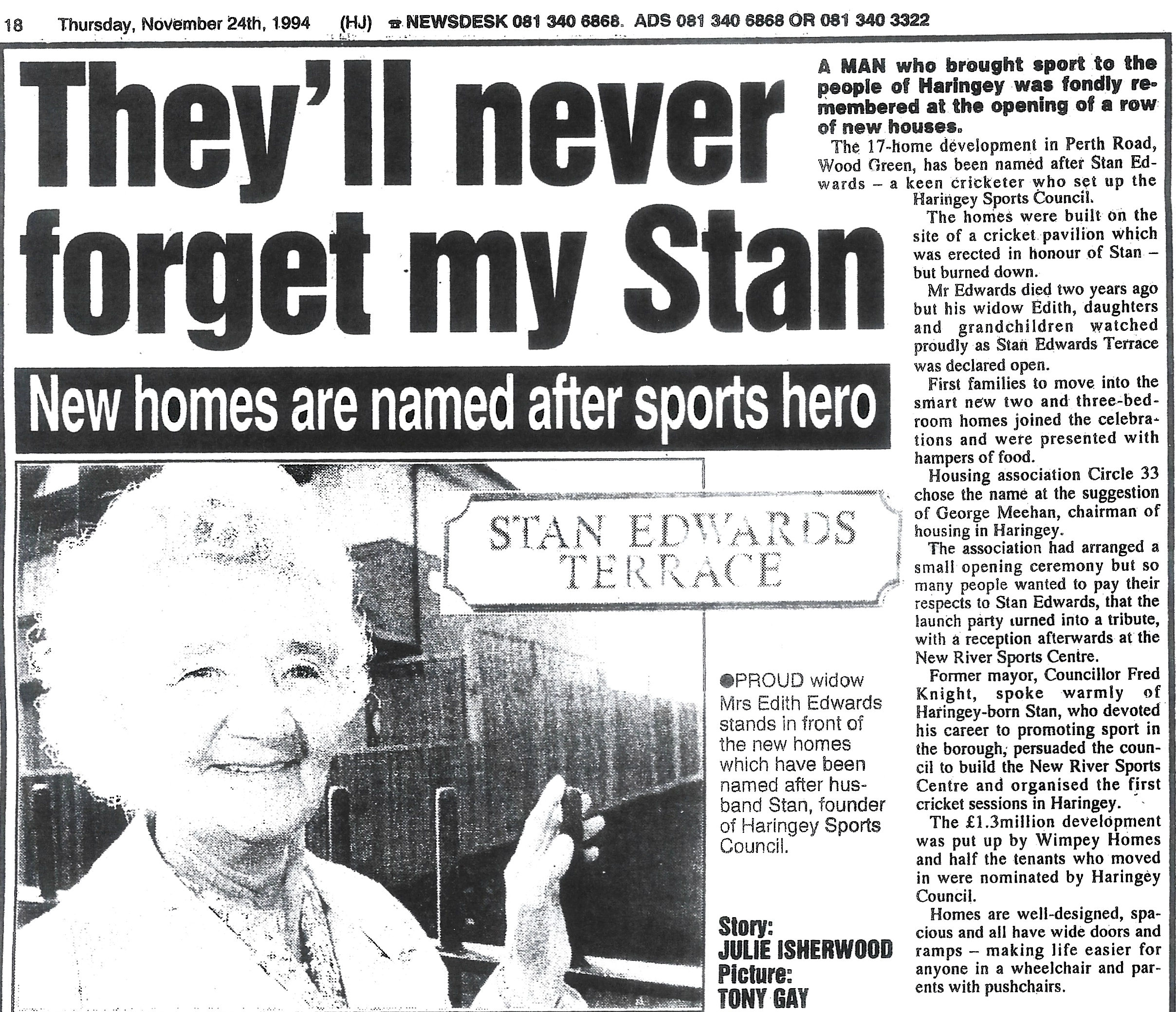 Newspaper clipping showing Edith Edwards at Stan Edwards Terrace, 24 November 1994