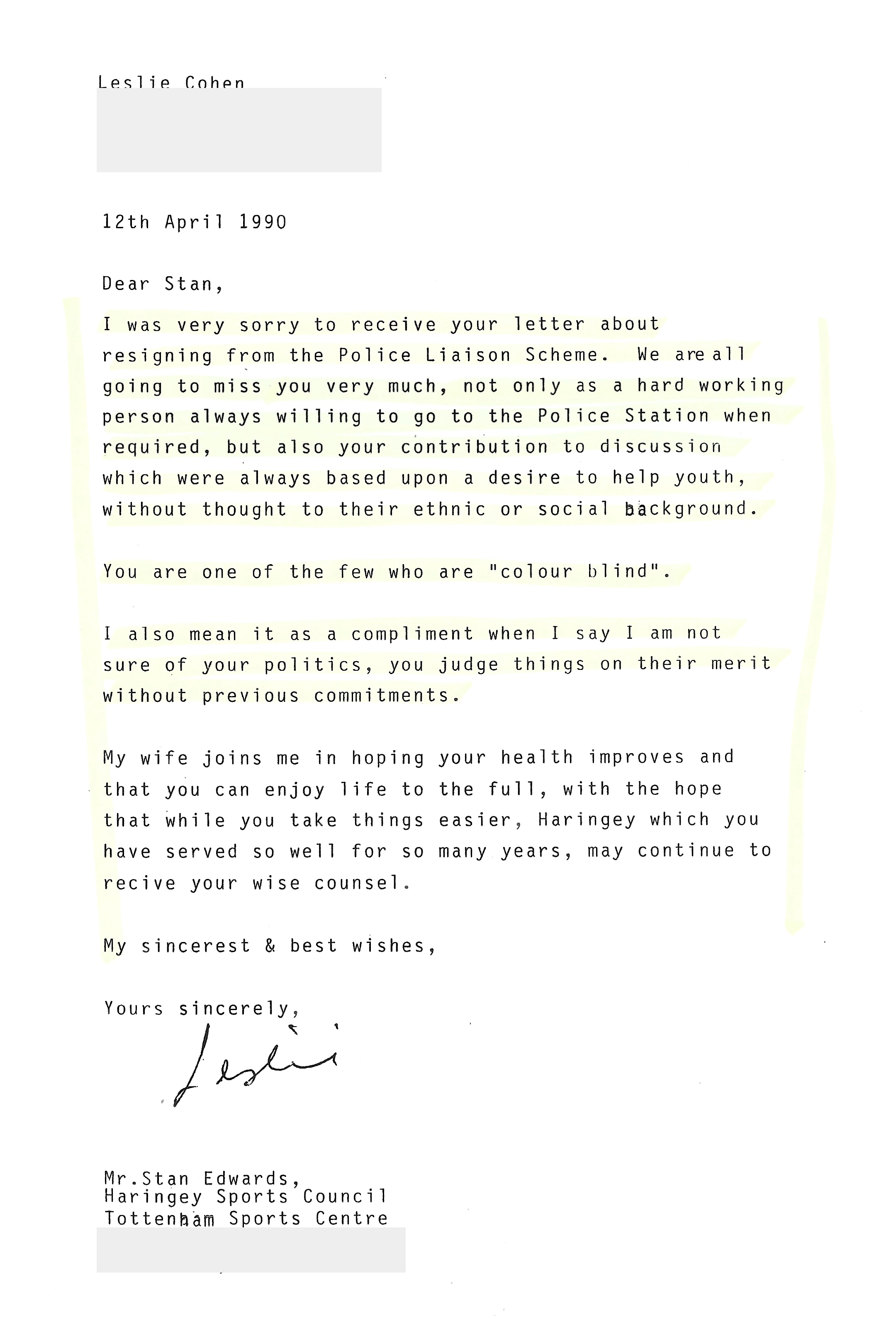 Leslie Cohen letter, 12 April 1990