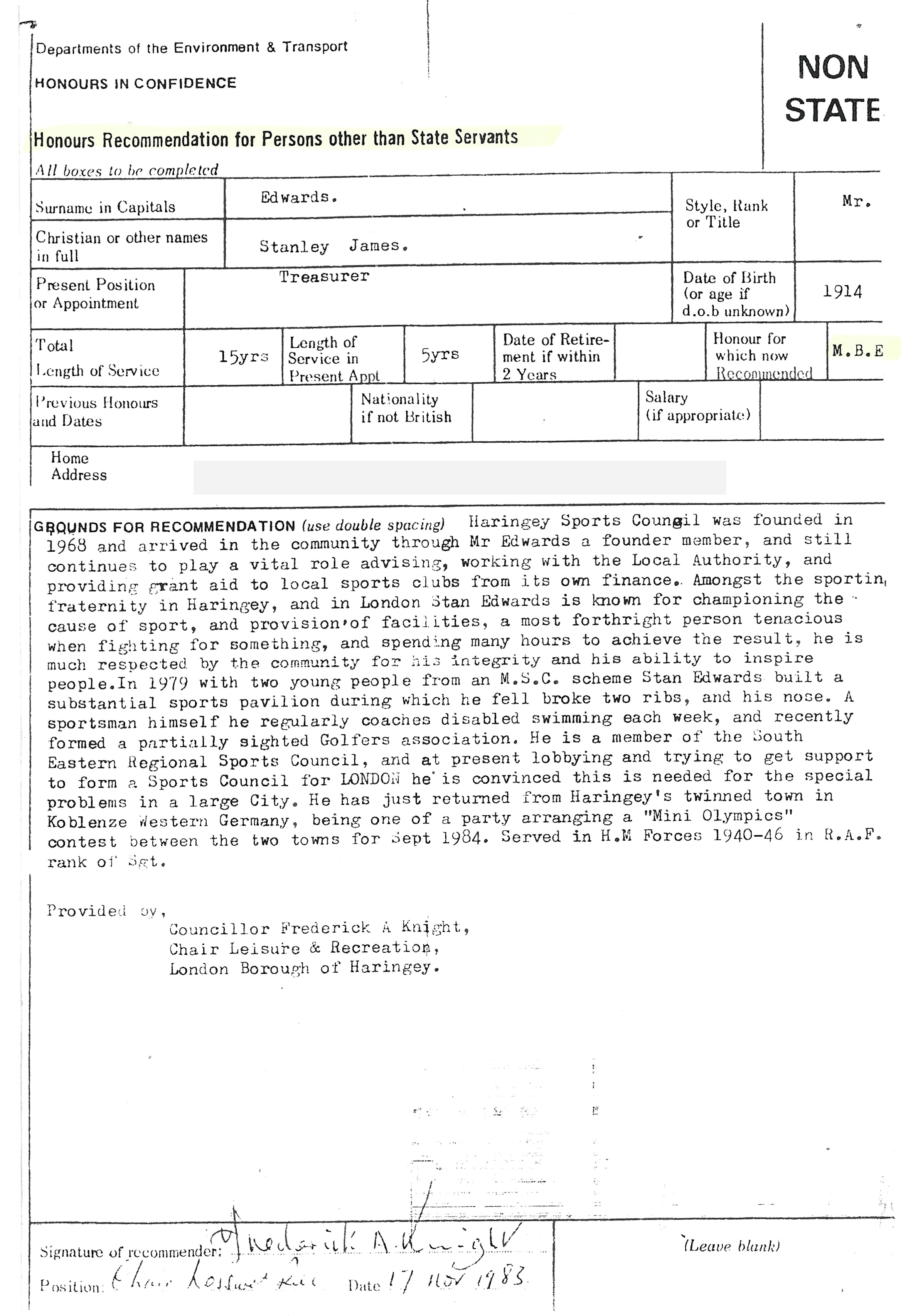 Honours recommendation for Stanley James Edwards.