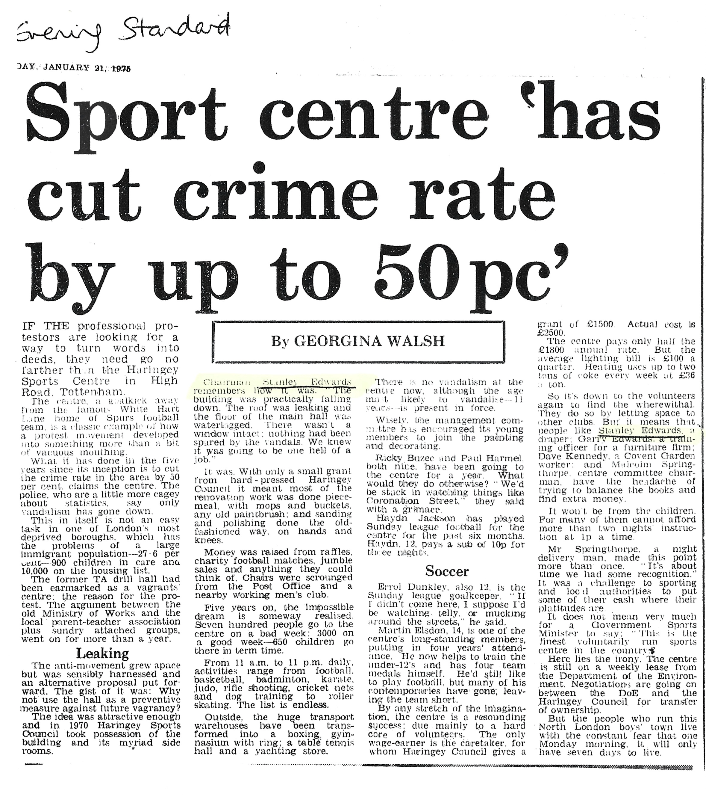 Article by Georgina Walsh about the sports centre and local crime.