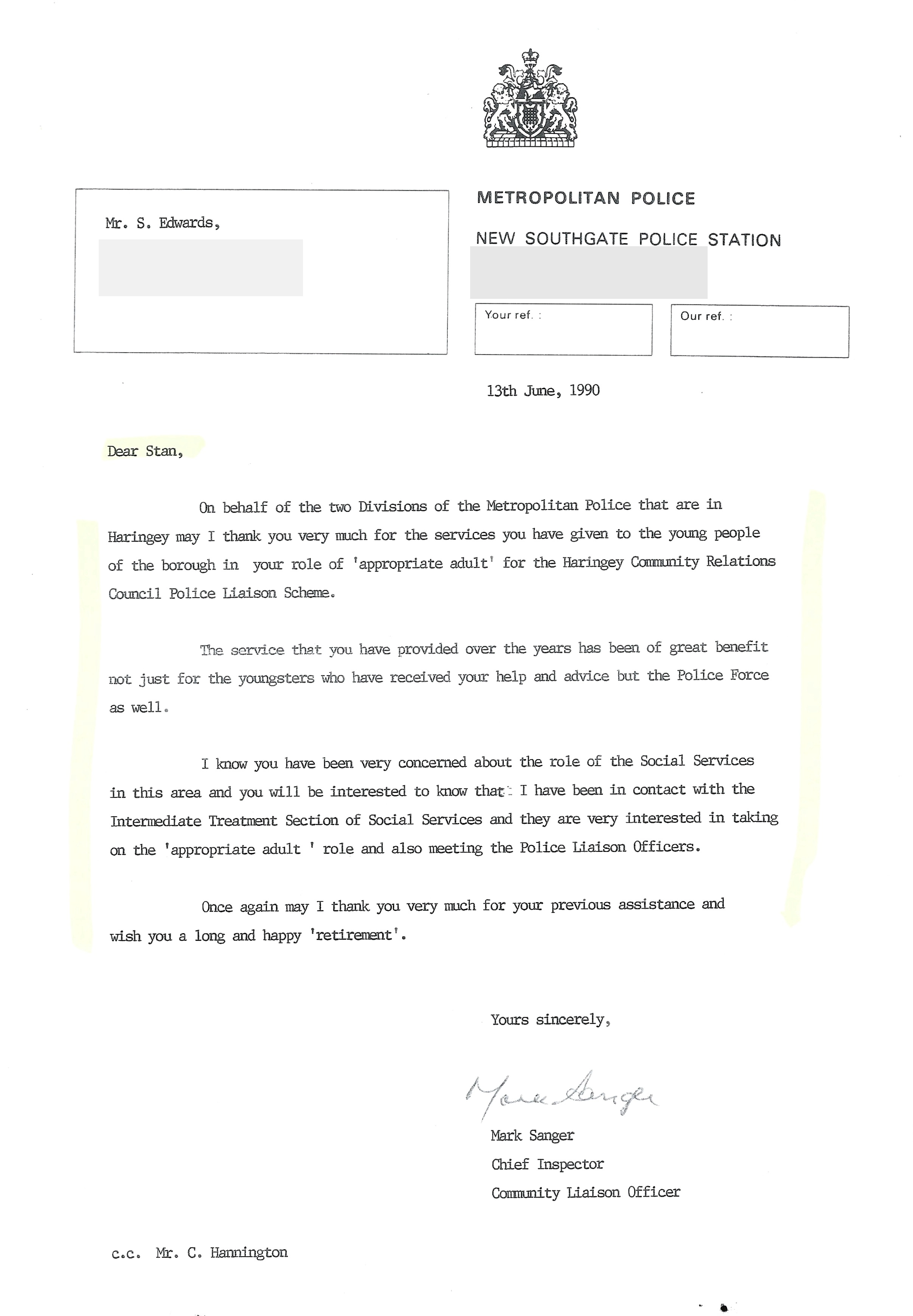 Mark Sanger, Metropolitan Police letter, 13 June 1990