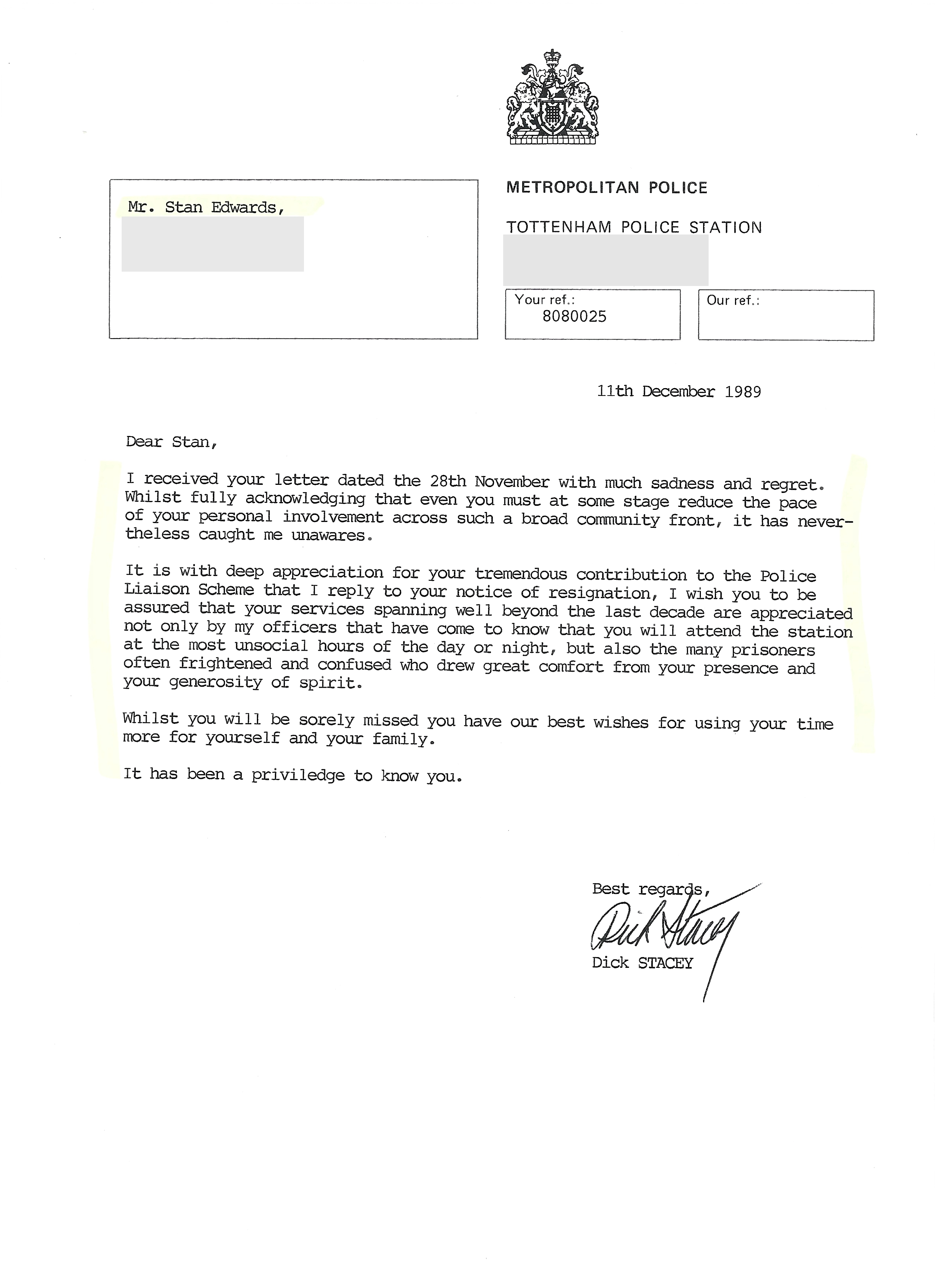 Dick Stacey, Metropolitan Police letter, 11 December 1989