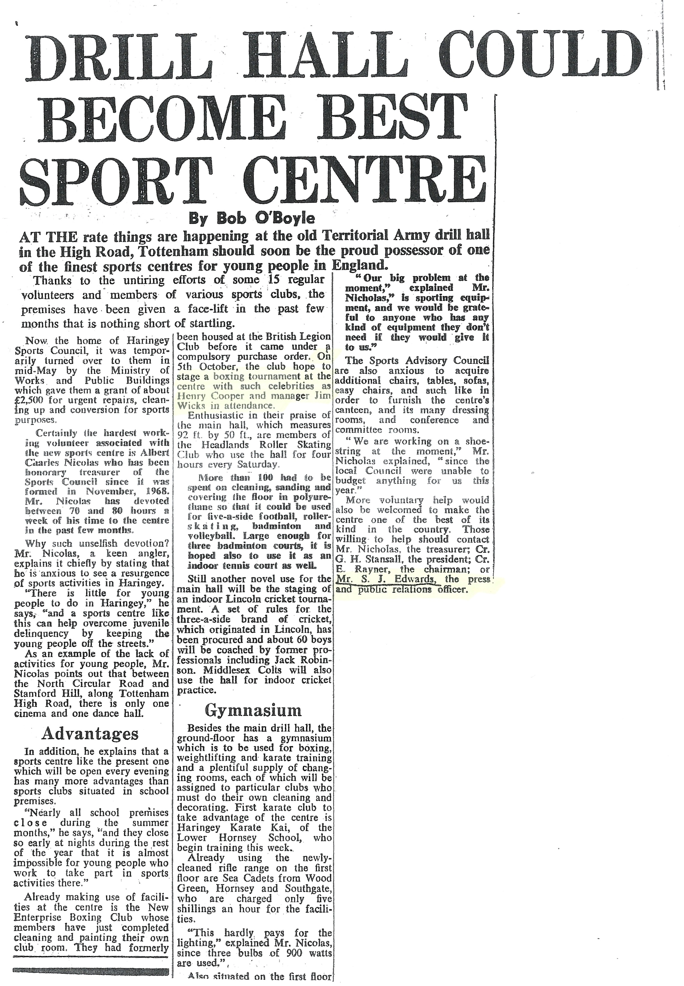 Drill hall could become best sport centre, Bob O'Boyle, undated