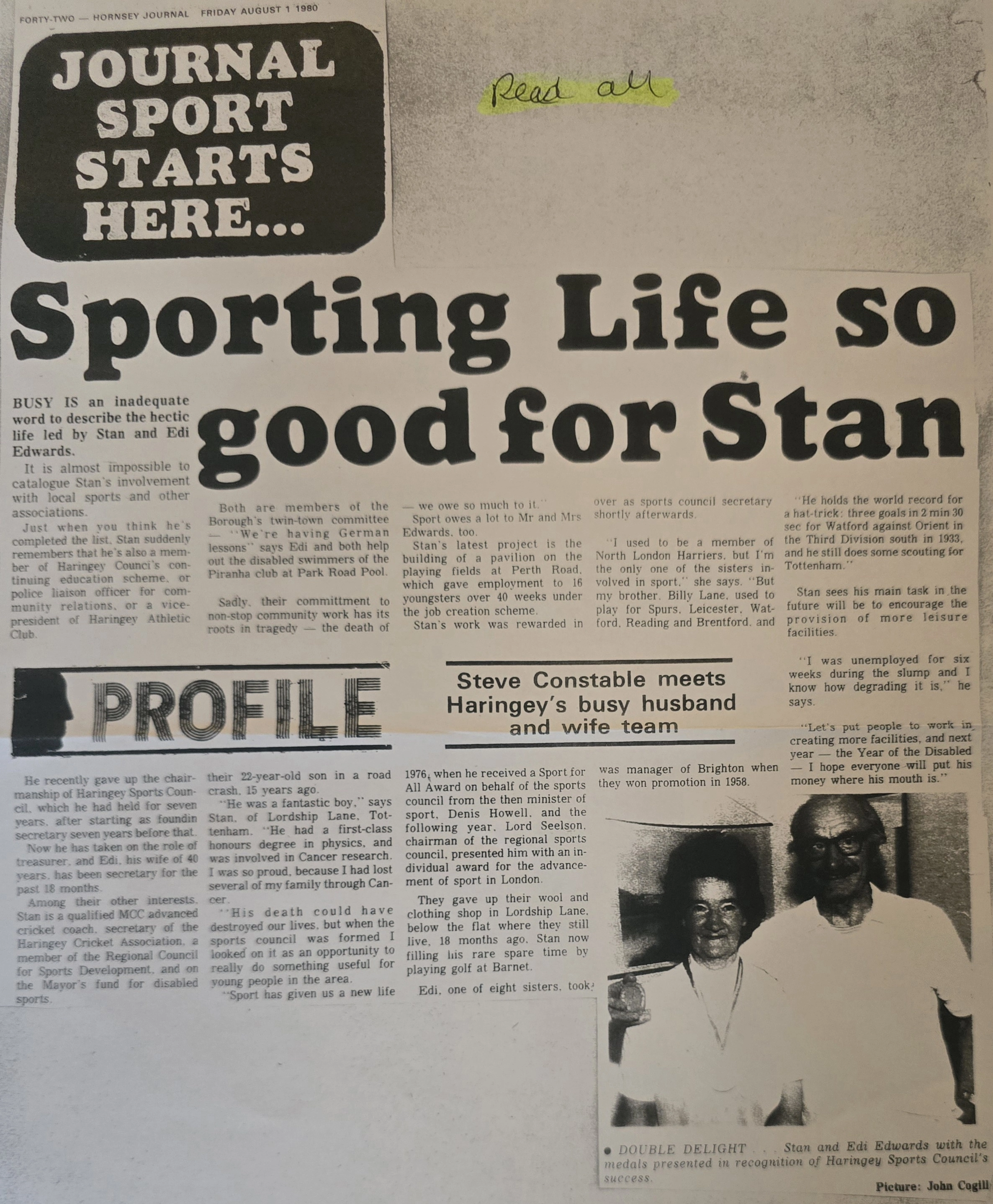 Sporting Life so good for Stan, a Hornsey Journal profile with a photograph of Stan and Edith Edwards, 1 August 1980