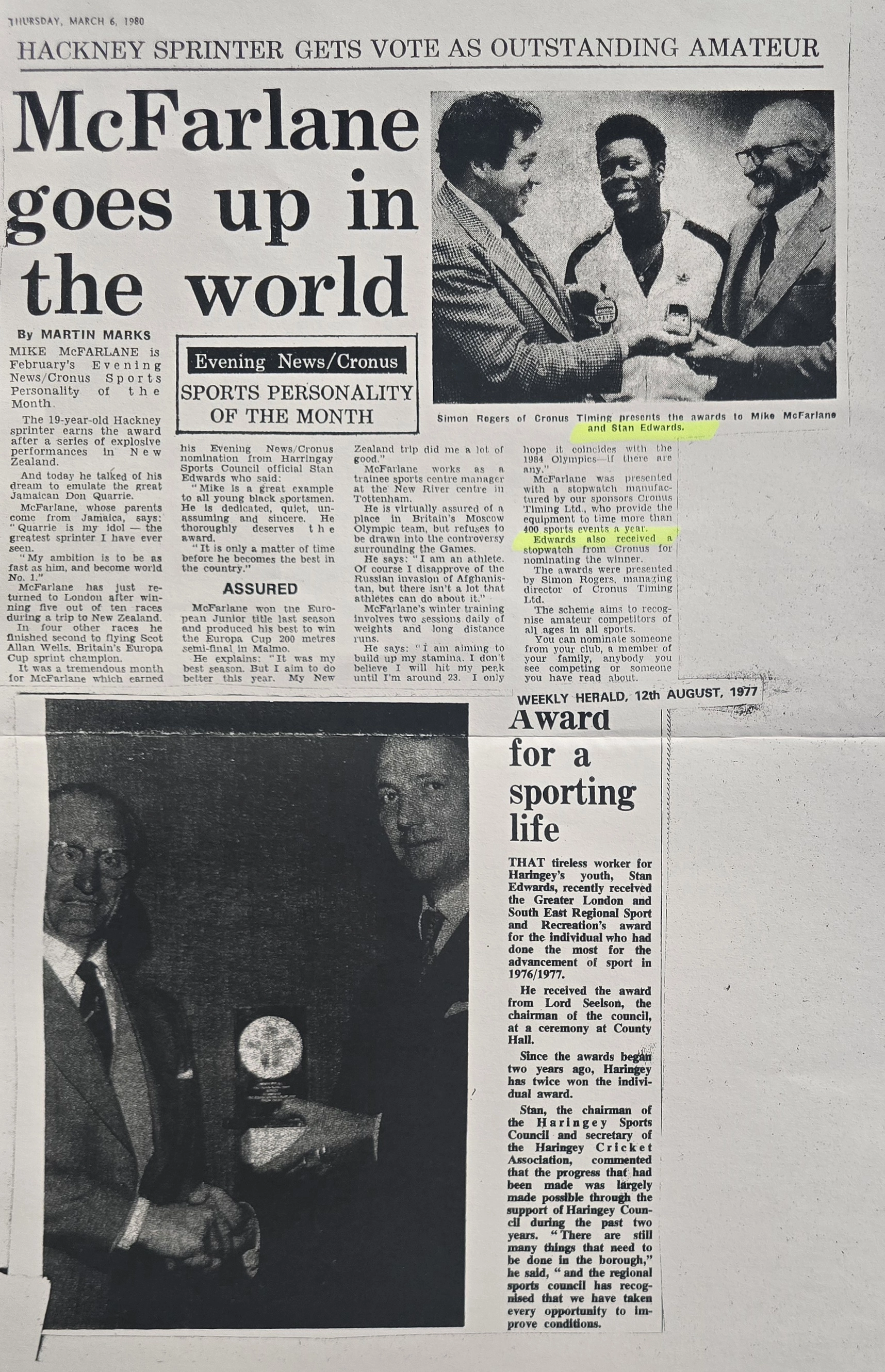 McFarlane goes up in the world, 6 March 1980, and Award for a sporting life, Weekly Herald 12 August 1977