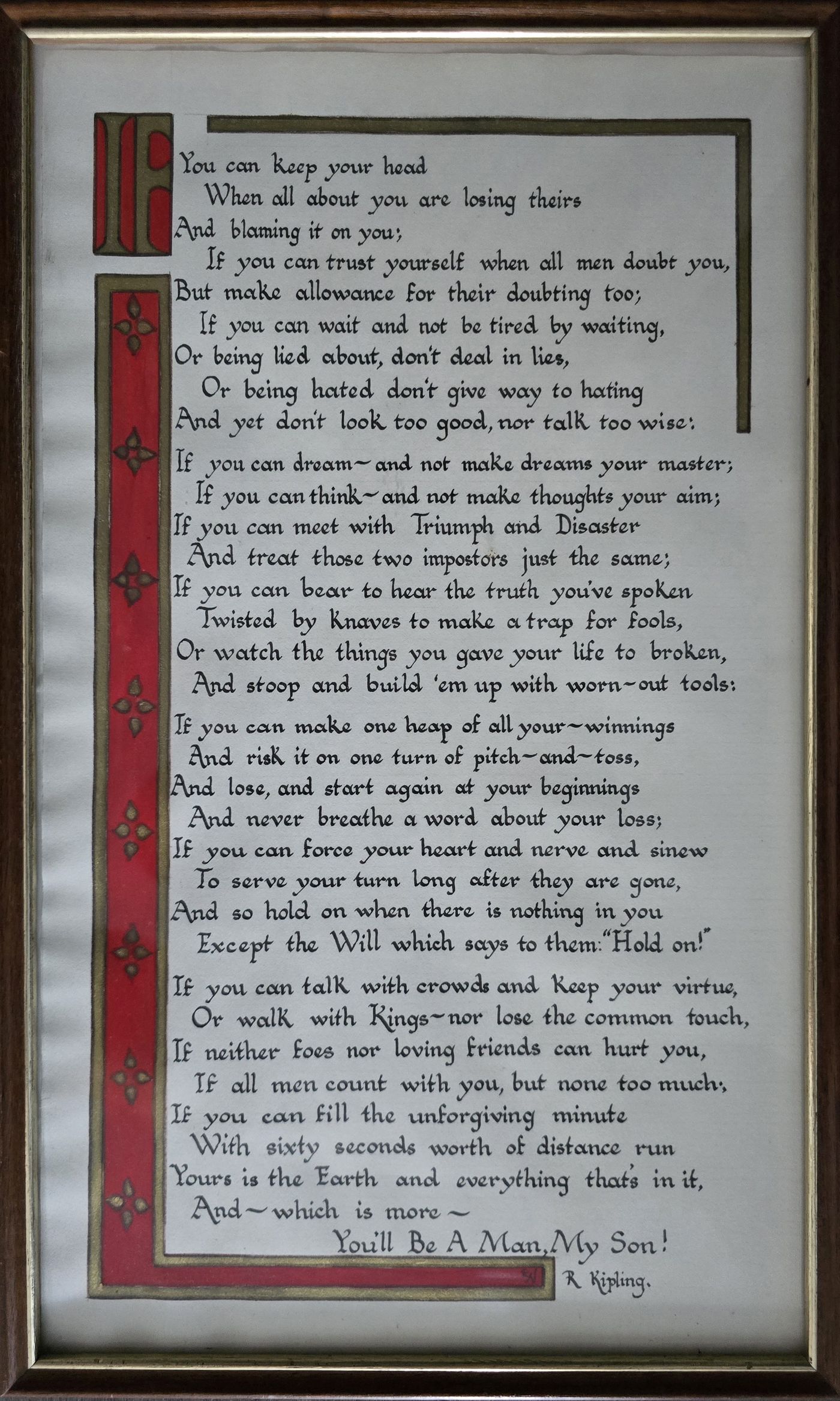 Framed handwritten poem with red and gold decorative borders