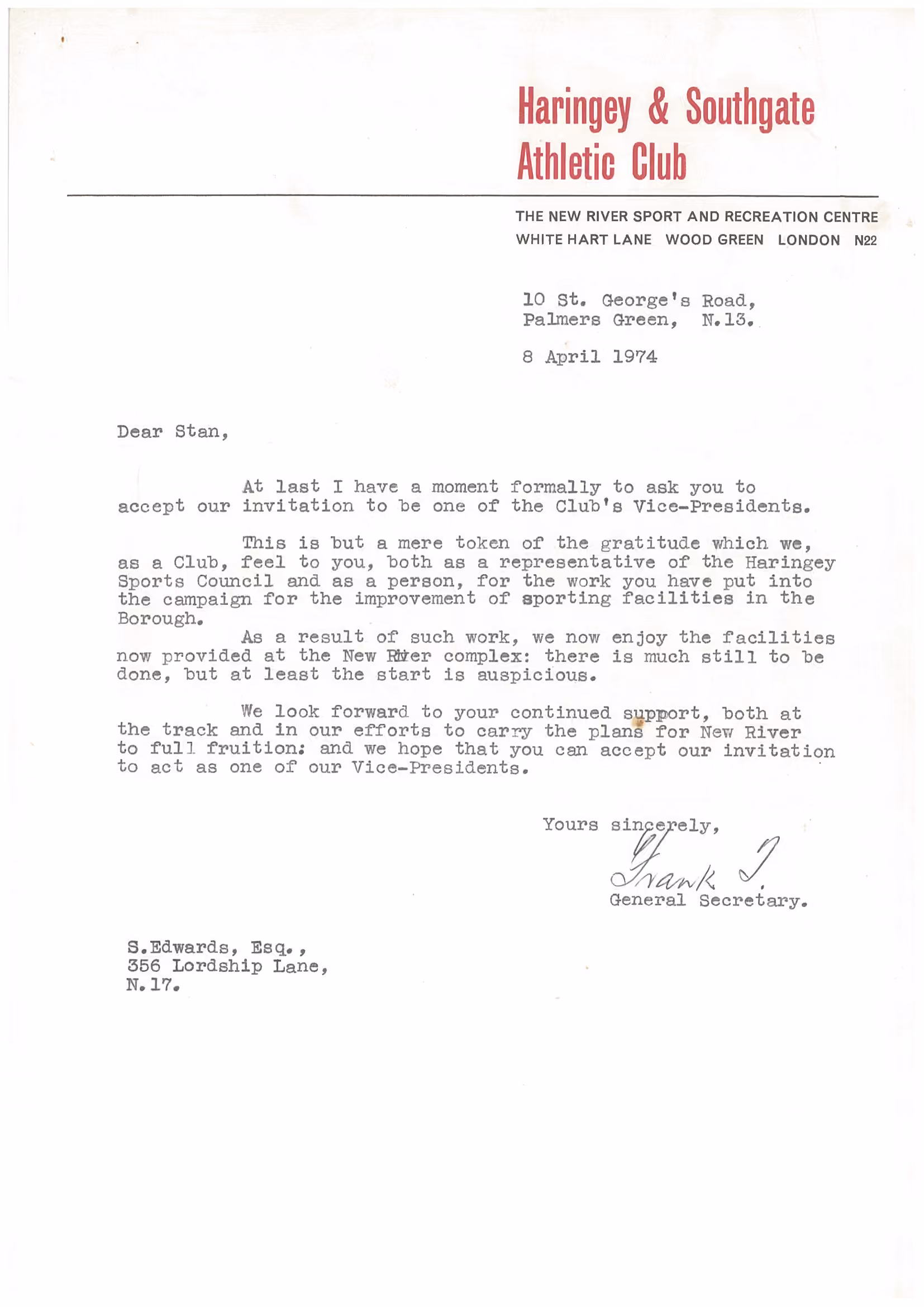 Haringey & Southgate Athletic Club vice-president invitation, 8 April 1974.