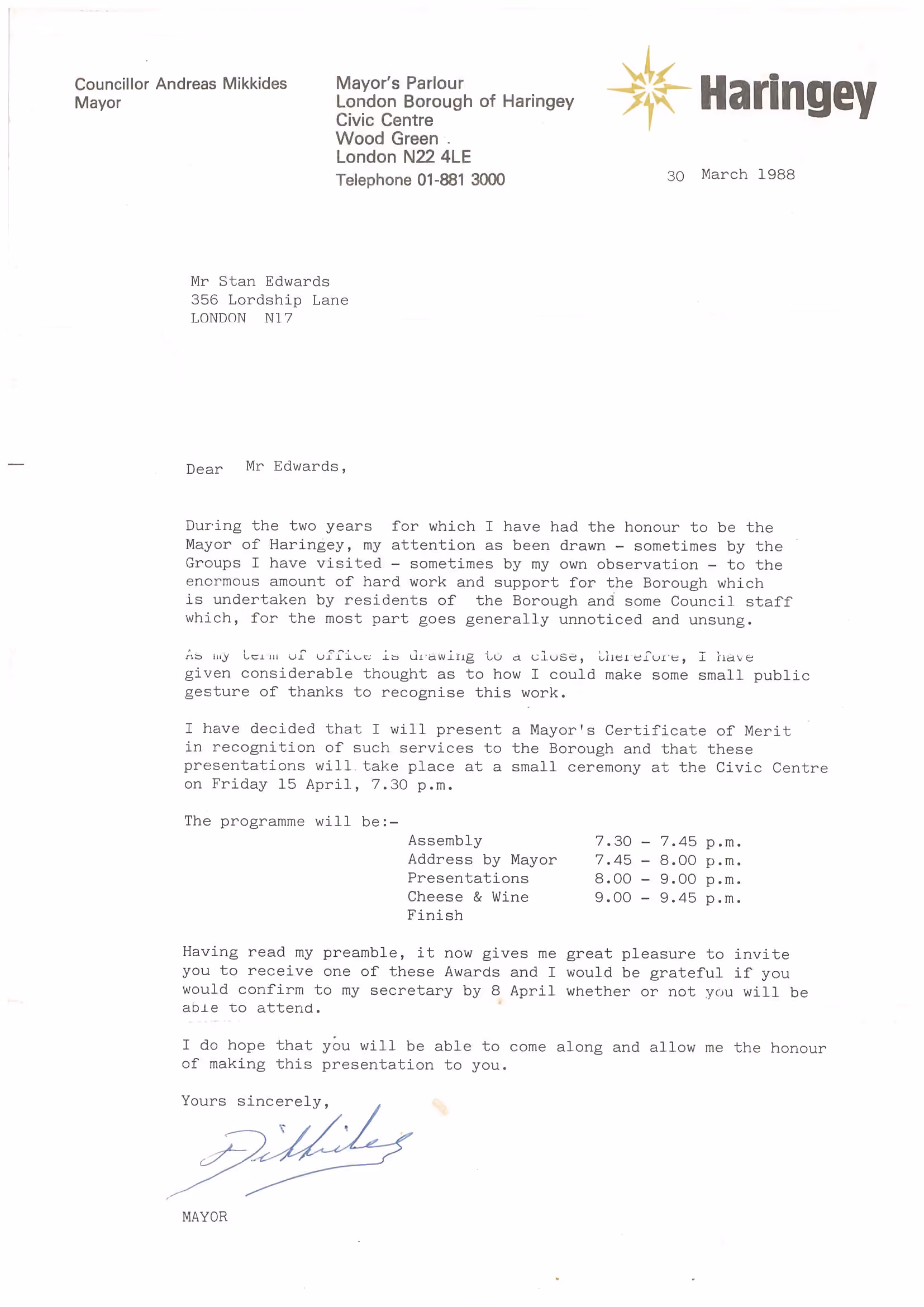 Mayor's Certificate of Merit invitation, 30 March 1988.