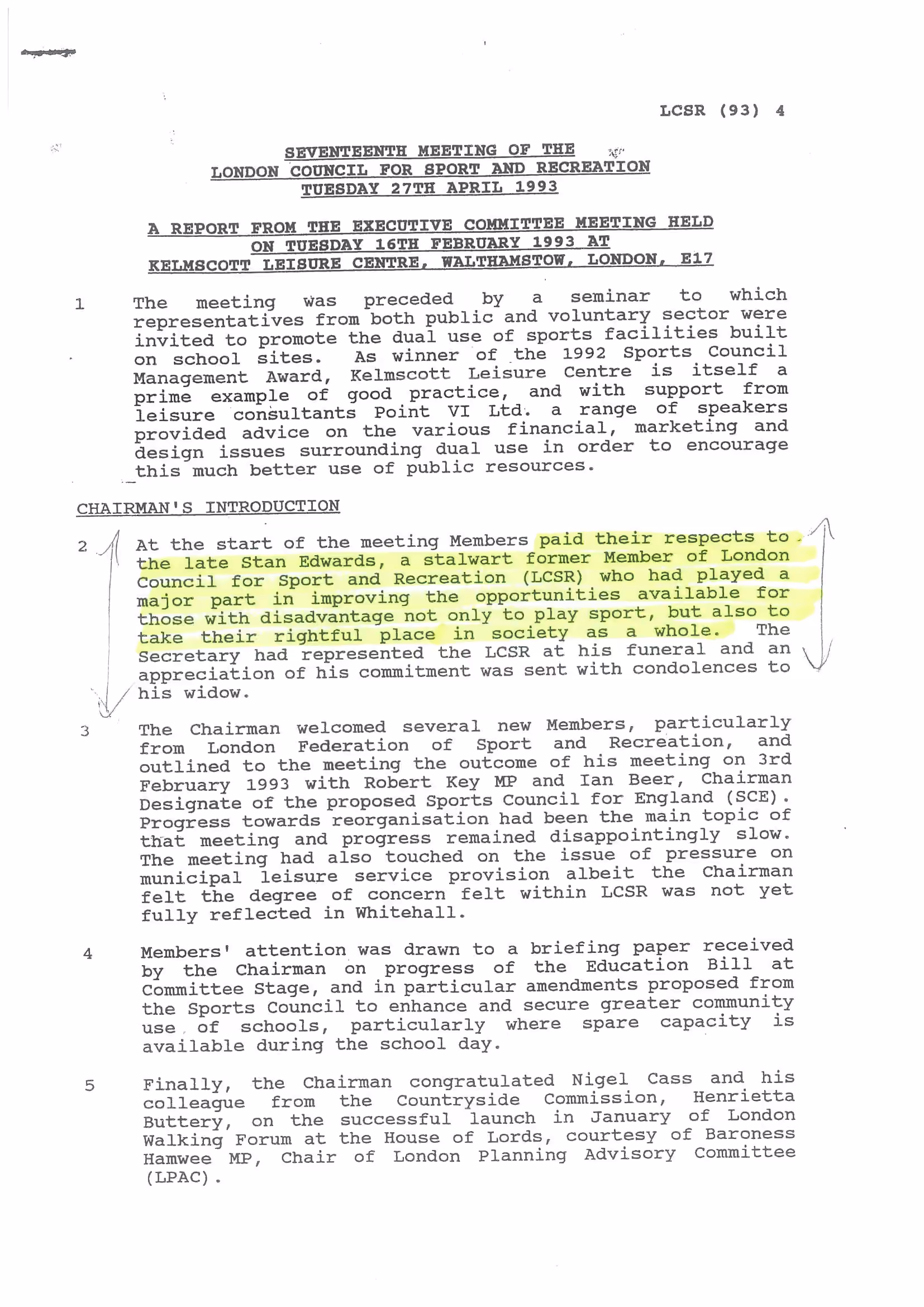 London Council for Sport and Recreation tribute, 1993.