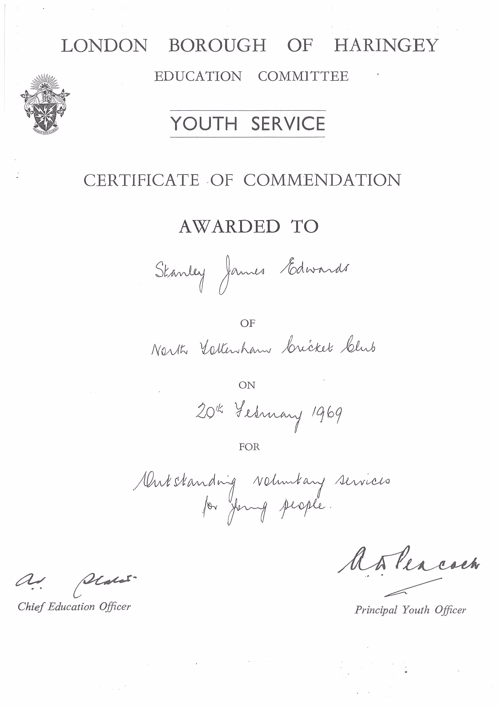 Youth Service Certificate of Commendation, 20 February 1969.