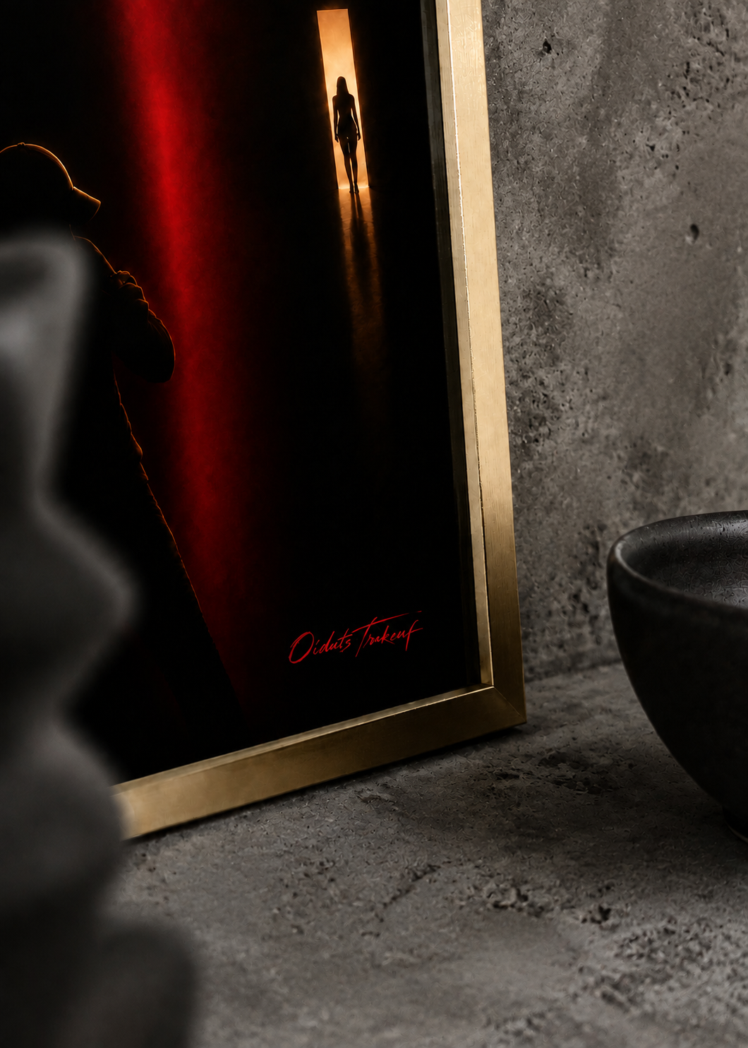 Fear artwork in a gold frame: gold finish, illustrative mockup