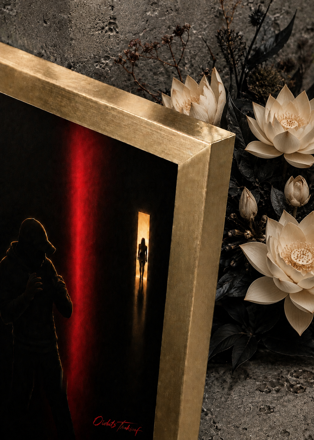 Fear artwork in a gold frame: corner and profile, illustrative mockup