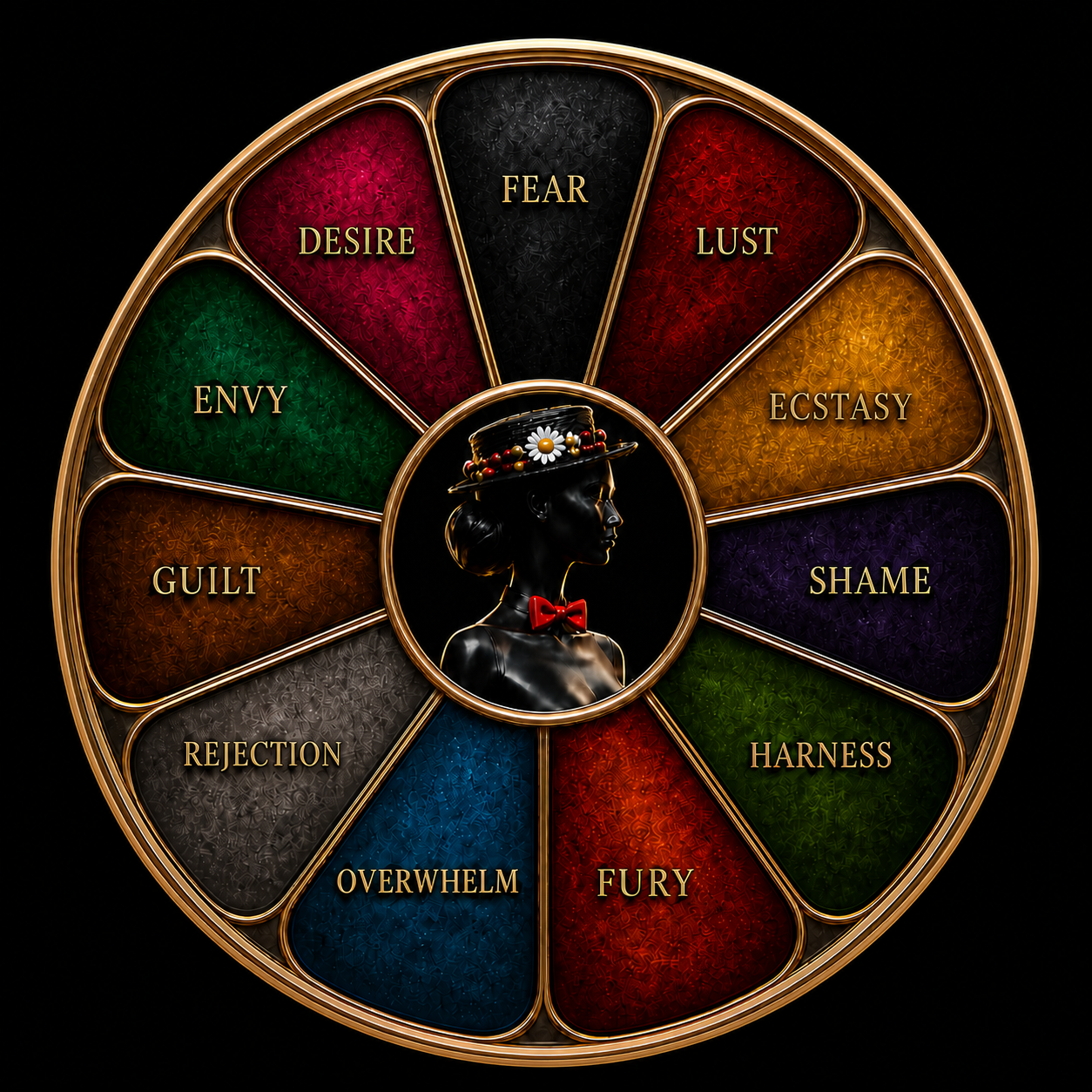 The FUCK ART Emotional Wheel showing Fear, Lust, Ecstasy, Shame, Harness, Fury, Overwhelm, Rejection, Guilt, Envy and Desire